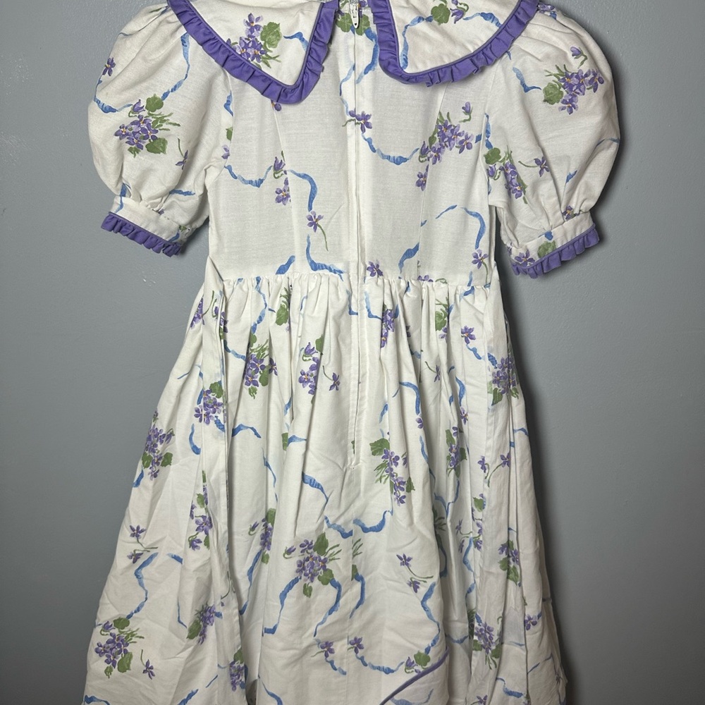 Vtg White Purple Floral Tea Dress Puff Sleeves Collar Eyelet Lace Girl’s 10/12 - Picture 2 of 6
